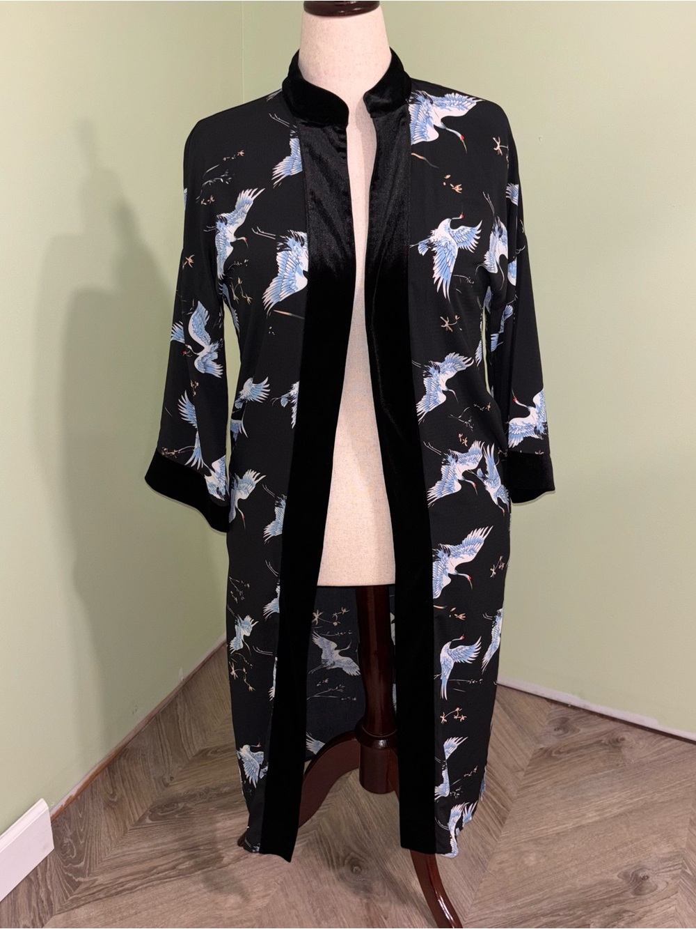 Hazel Hazel Hazel Black Crane Kimono Duster Robe Velvet Trim Women’s Sz S